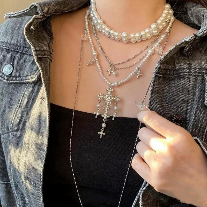 Layered Tassel Cross Pearl Necklace Women Minimalist Geometric Statement Choker Chain