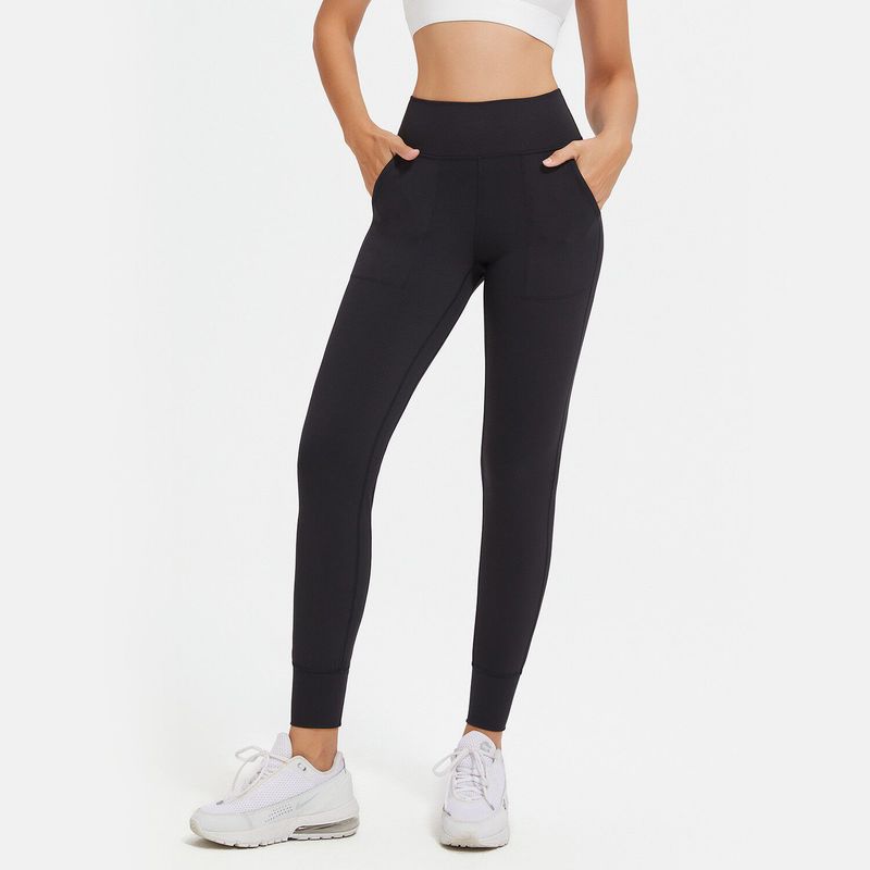European and American Style Yoga Pants for Women, High-Waisted, Peach-Lifted, Quick-Dry, Tight-Fitting, Running Sports Pants with Pockets, Gym Pants Black L