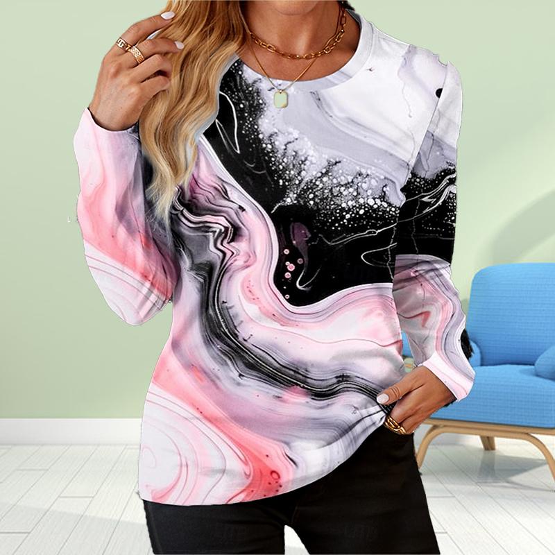 

Топы для женщин с принтом 3D-фрагментов, круглый вырез, длинный рукав, футболка, осенний пуловер, женский топ с длинным рукавом, без блесток L розовый