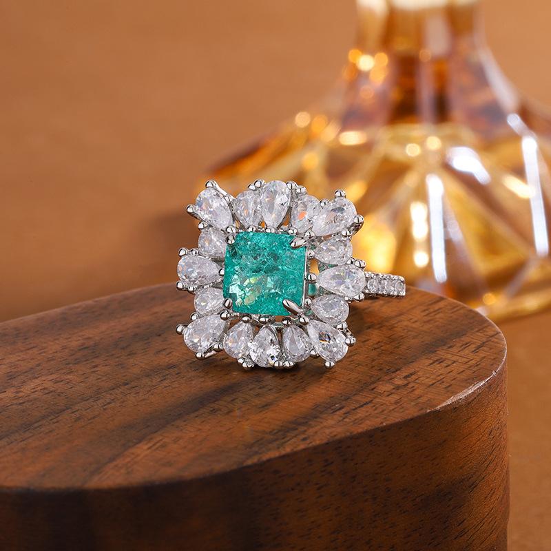 Copper Fashion Imitation Paraiba Diamond Set Geometric Love Opening Ring Lady Party Birthday Wedding Jewelry Gift