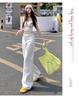 Damen Jeans im amerikanischen Stil, Weiß, Schlank, Weiter Bein, Hohe Taille, Sommer, Bodenlang, Entspannte Passform
