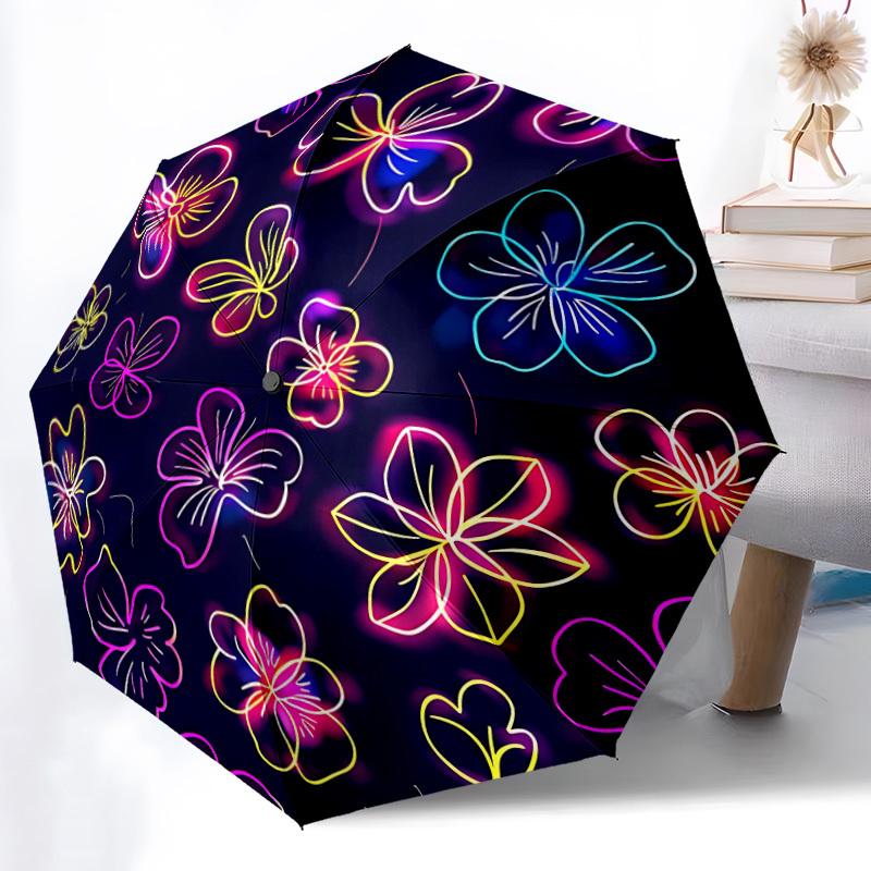 1PC Neon Flowers Automatic Folding Umbrella Portable Collapsible 8-Rib Umbrella for All Seasons, Casual Outdoor Accessory, A40