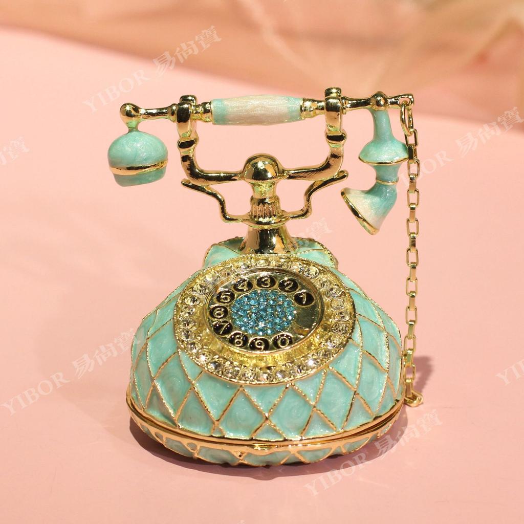 Vintage Telephone Shaped Enamel Box, Cloisonne Jewelry Storage Figurine, Creative Mini Alloy Craft for Home Display