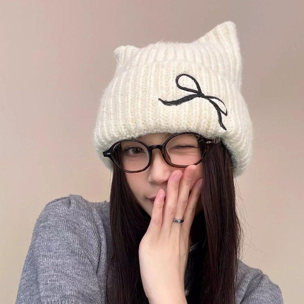 Solid Color Cat Ear Beanie Thickened Knitted Skullies Soft Knitted Woolen Hat  Autumn