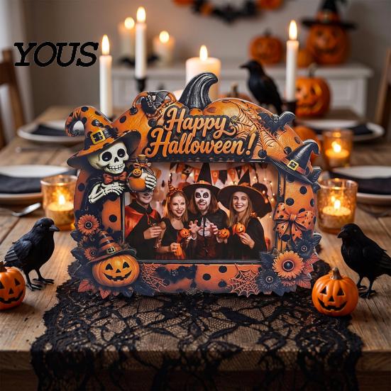 Decorative Mantle Piece Halloween Photo Frame, Wooden Desktop Picture Holder for Spooky Party Decoration Kids Room Home Accents And Festive
