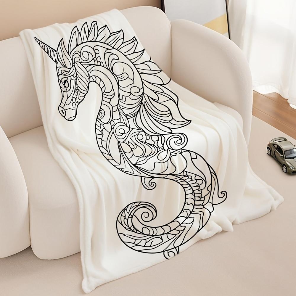 Einhorn-Seepferdchen-Print Flanell-Kuscheldecke Weiches, gemütliches Fleece für Bett, Sofa, Camping und Reisen Ganzjahres-Kreativgeschenk