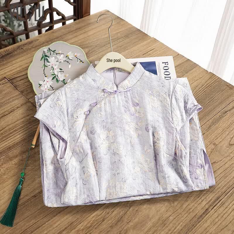 Women s New Chinese Style Linen Print Cheongsam Dress L