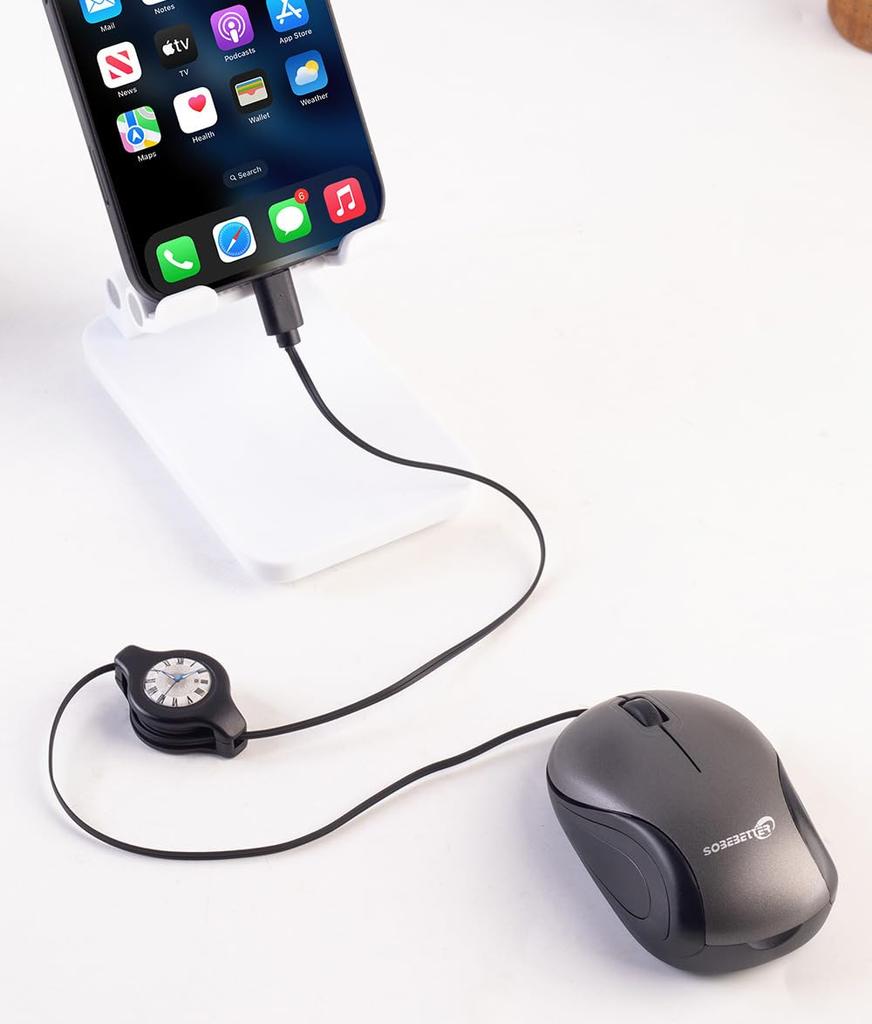 ELRCDNOX Compact Type-C Wired Mouse with Retractable Cable, Quiet Design, Optical, Lightweight, Ambidextrous, Compatible with Laptops, Tablets, and