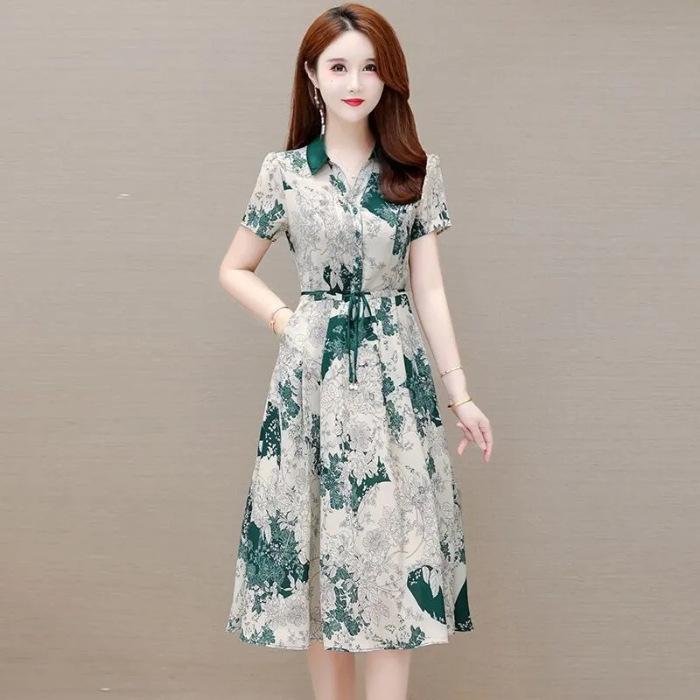 

Summer new fashionable foreign style printing dress women s waist and thin fan strap-up A-shaped skirt M зелёный