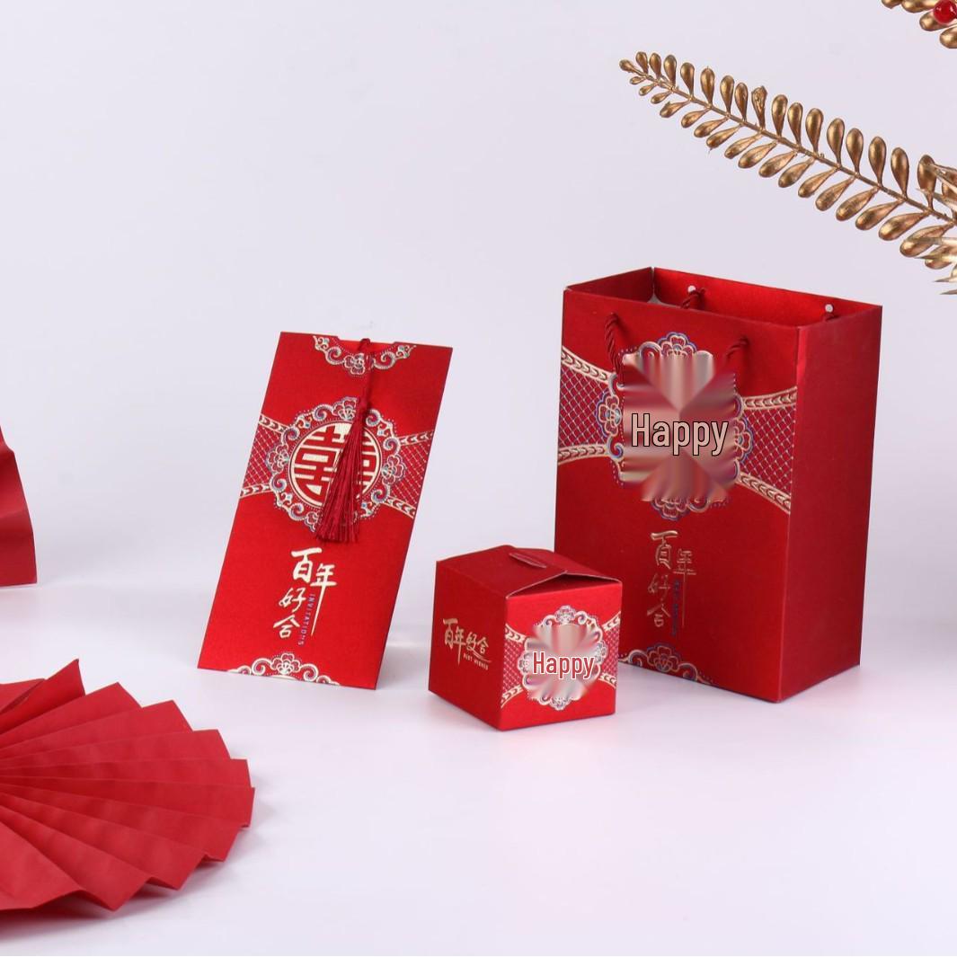 

High-End Chinese Wedding Candy Box Set - Three-Piece Wedding Favors Packaging Candy Box + Burgundy Ribbon (7*7) красный