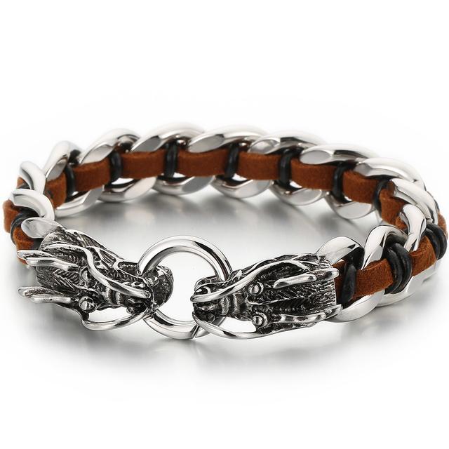 Pulsera Punk de Cuero Trenzado Lobo para Hombre Pulseras con Encanto de Mano para Hombre con Forma de Cabezas de Cráneo de Dragón Joyería de Acero Inoxidable de Lujo Gótico