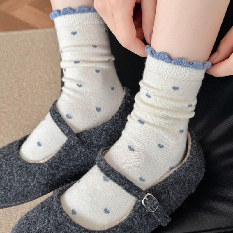 Womens Warm Wool Blend Mid-Calf Socks With Polka Dot Soft Cozy Crew Winter Fall