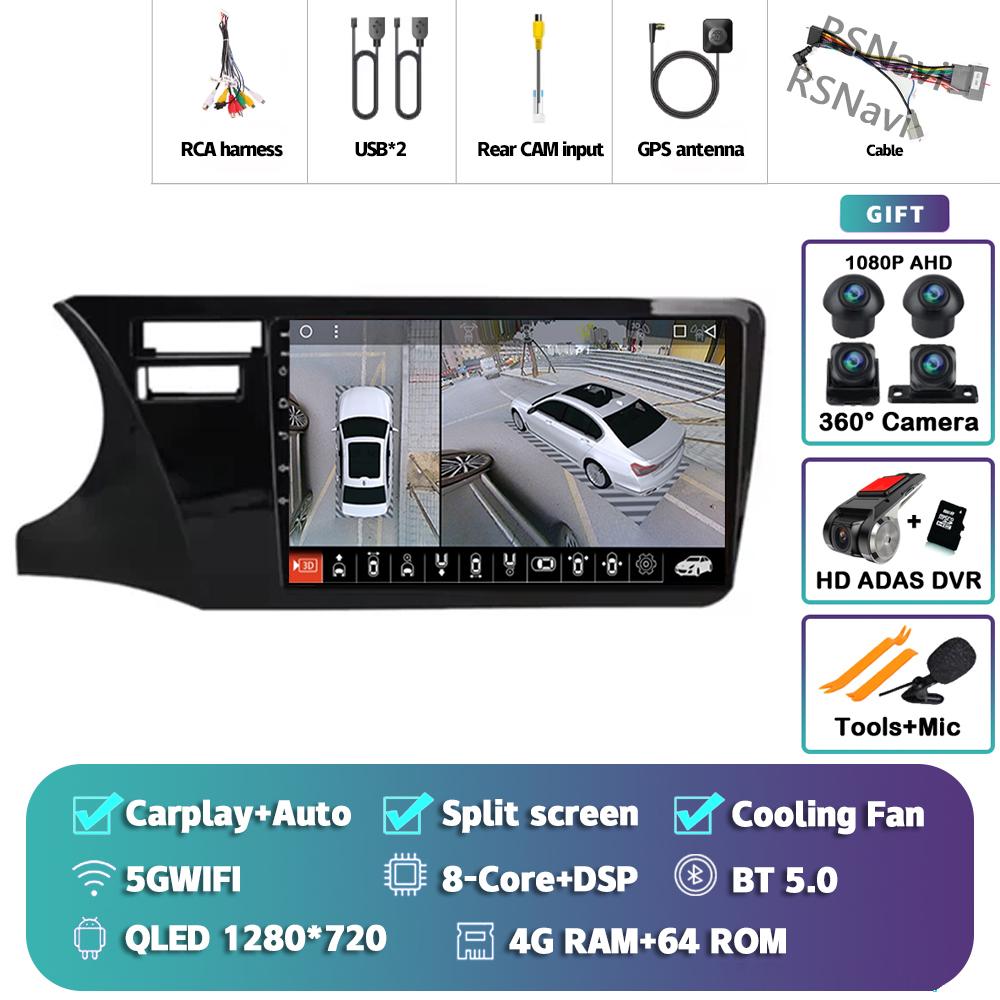 Android 14 Carplay Auto For Honda City 2014 - 2017 Car Radio Player Multimedia stereo Navigation 4G+WIFI Head Unit 2Din AI Voice