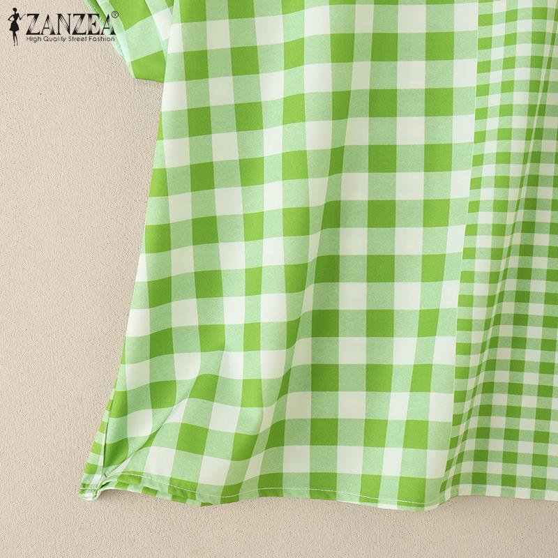 ZANZEA Women Casual Round Neck Plaid Print Summer Short Sleeve Blouse