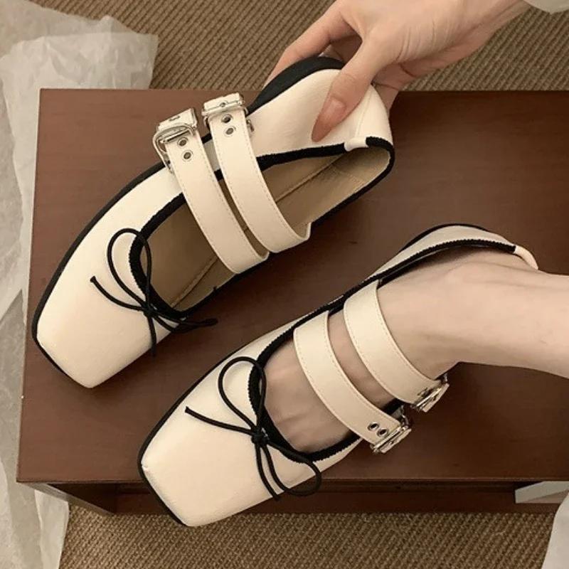 Fashion Vintage Square Toe Buckle Design Mary Jane Shoes Women Fashion Shallow Bow Brand Ballet Flats Comfortable Concise Casual Shoes