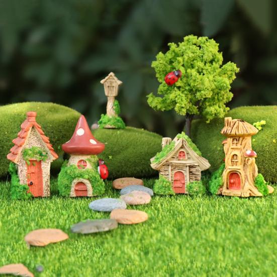 Mini Cartoon House Figurine Miniature Road Sign Chair Stone Letter Box Mushroom Statue House Micro Landscape Fairy Garden Decoration