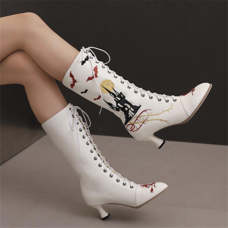 Fashion 2025 New Halloween Cosplay Boots Women Embroidery Witch Shoes Lace-up Kitten Heels Vintage Victorian Boots Party Woman