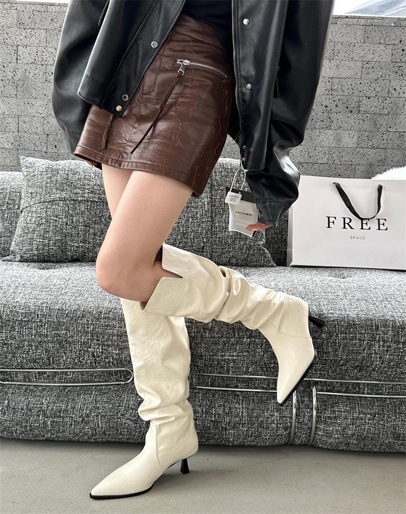 

Французские остроносые ботфорты на высоком каблуке женские 2025 новая осень и зима тонкие ботинки широкое голенище круговые рыцарские ботинки 39 абрикосовый