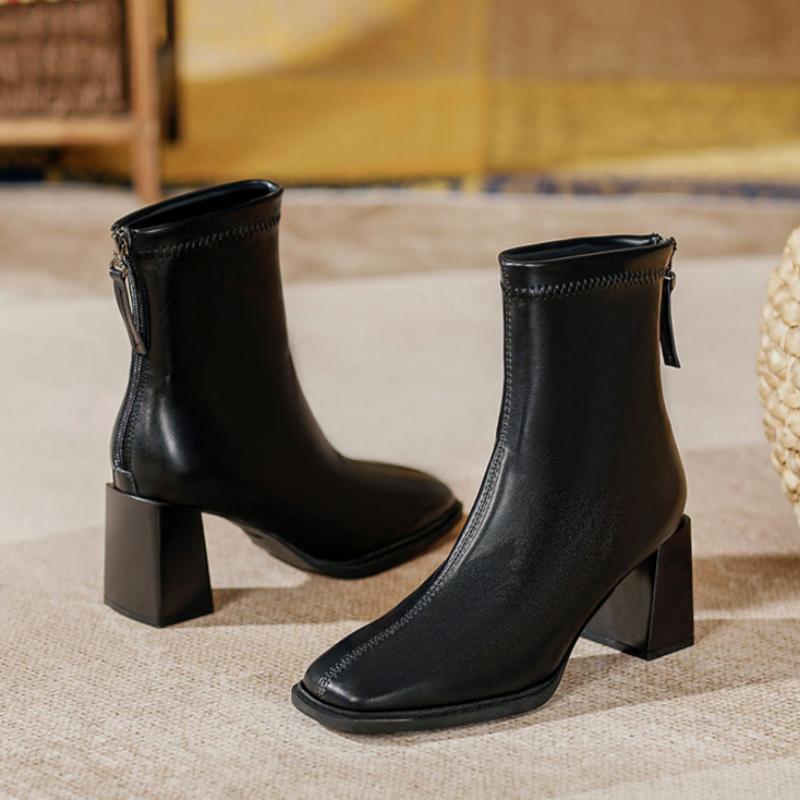 Ghete de damă franțuzești cu toc înalt, până la gleznă, cu toc gros, cizme de modă, piele moale, cizme simple de primăvară și toamnă, cizme cu vârf pătrat
