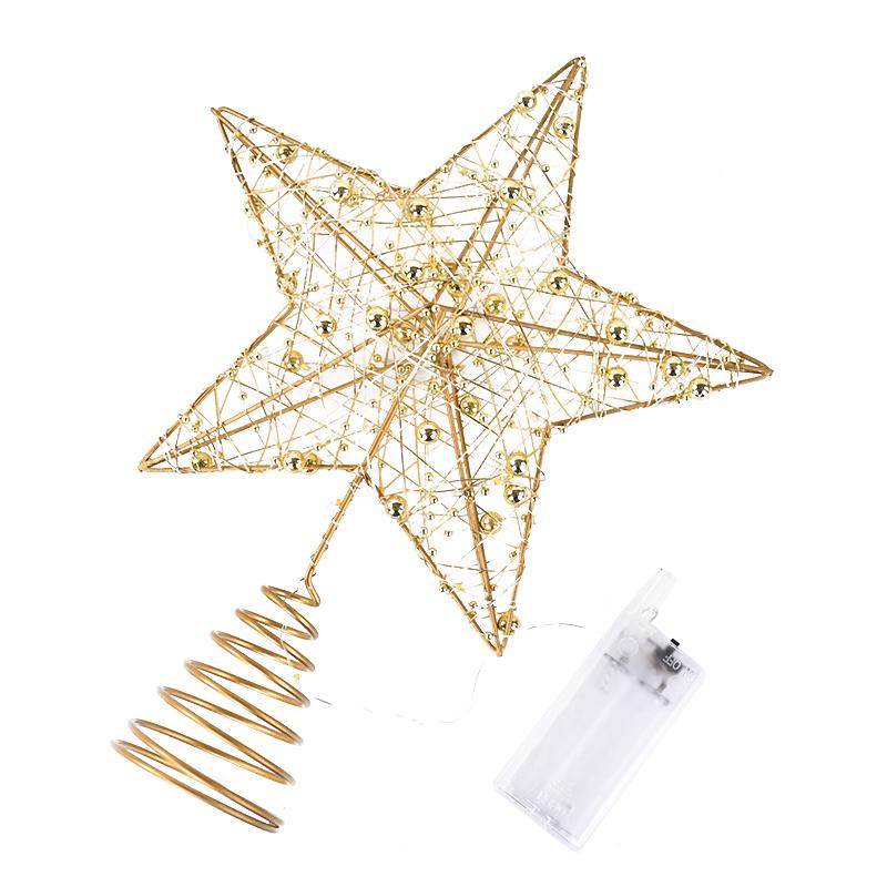 Gold Iron Star Christmas Tree Topper with LED Light Pearl Wire Xmas Tree Ornaments 2024 Natal Noel New Year Home Decoration 2025