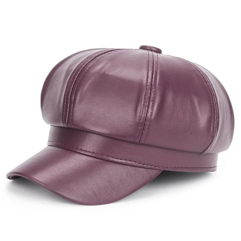 Autumn and Winter Retro Beret Pu Leather Solid Color All-match Octagonal Hat for Women