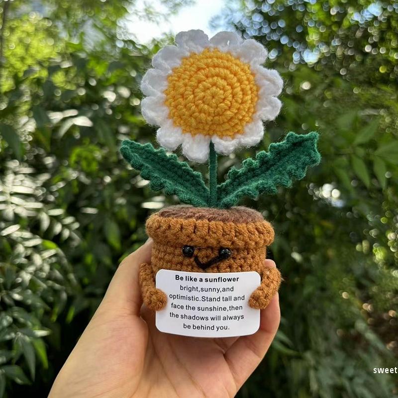 Handmade Crochet Flower Sunflower Potted Knitted Wool Ornament Auto Interior Funny Stress Relieving Decor With Positive Card