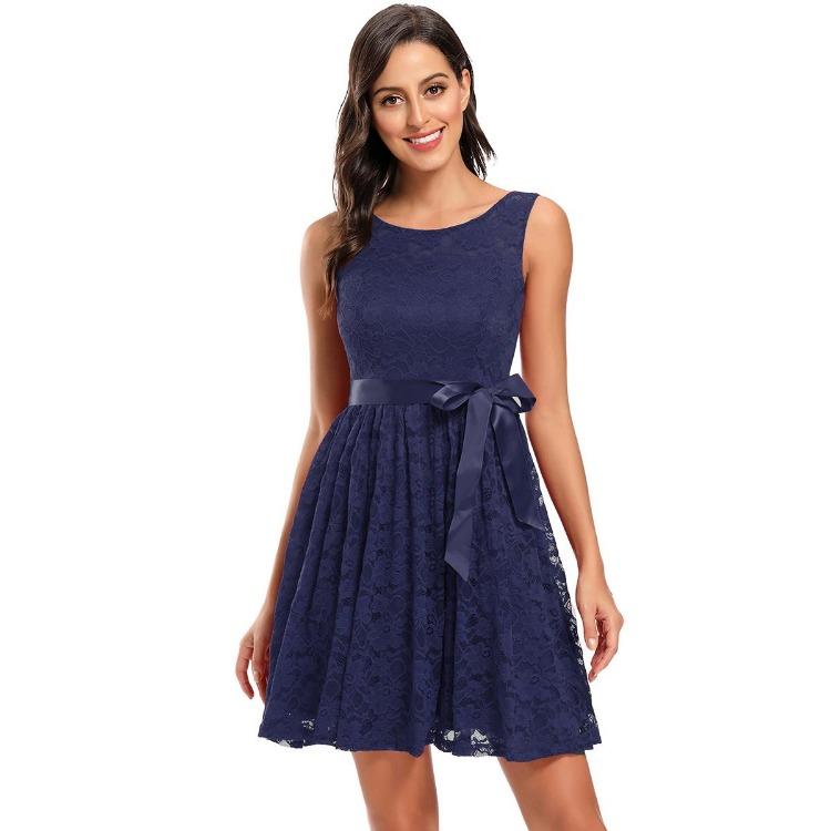 

Sleeveless Lace Swing Short Dress Women Wedding Guest Cocktail Party Bridesmaid Evening Occasion Ribbon Tie Outfit S темно-синий