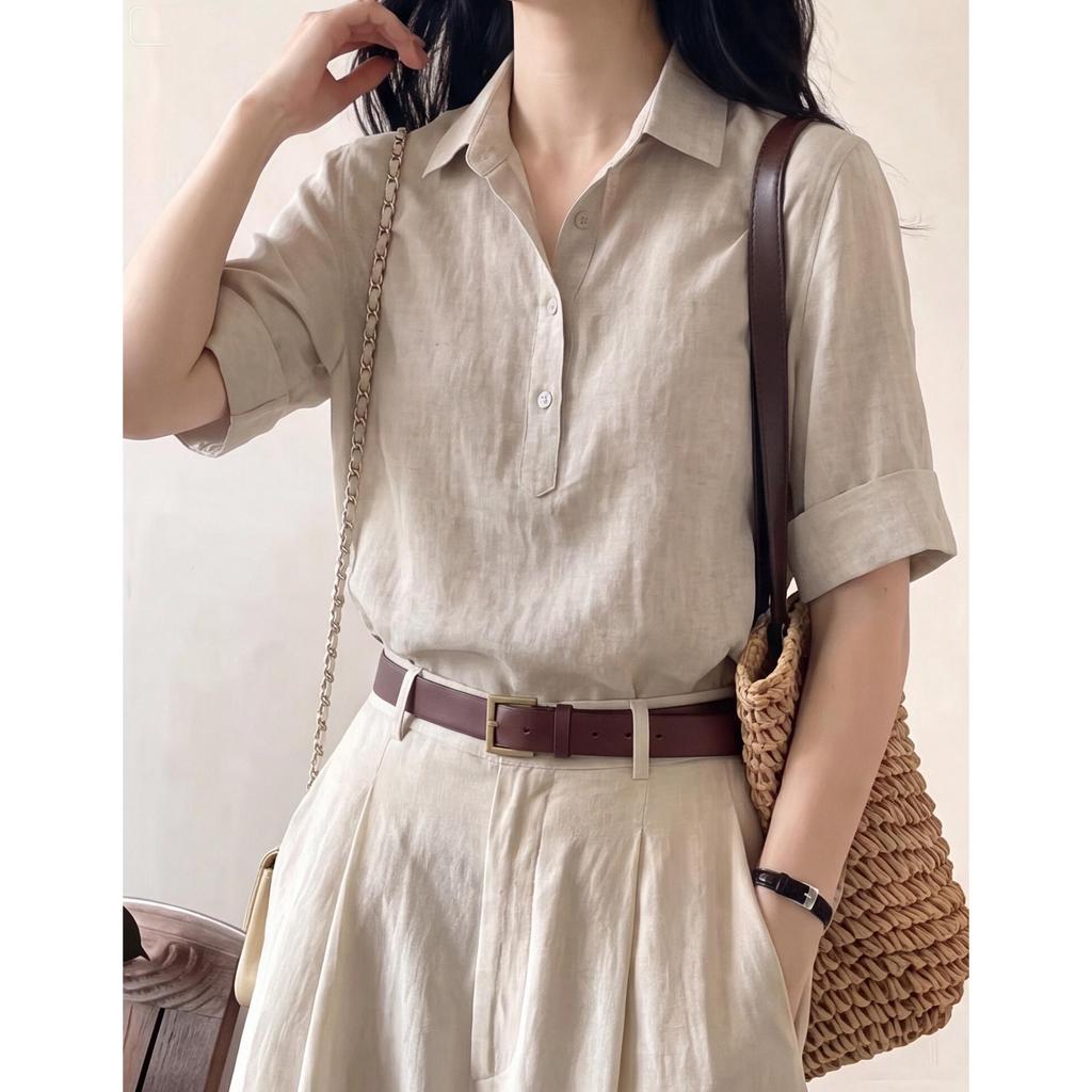 Old money style gray linen V-neck short-sleeved shirt women's summer thin high-end lapel cotton and linen shirt blouse top