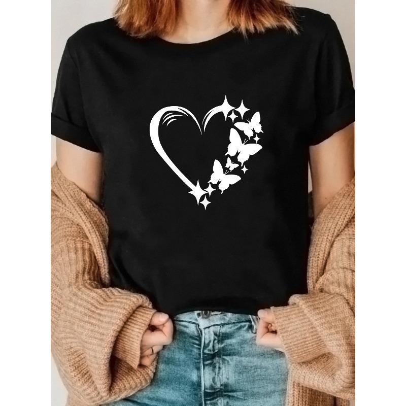 European Size A Cute Summer T-Shirt with a Heart Print Design, Perfect for Spring And Summer Casual Sports Wear for Women.
