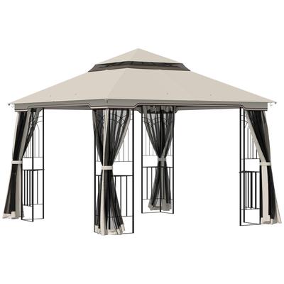 Garten Pavillon mit Doppeldach Pavillon Garten Zelt Festzelt Partyzelt mit 4 x Seitenwand Metall+Polyester Beige 2,99 x 2,99 x 2,74 m