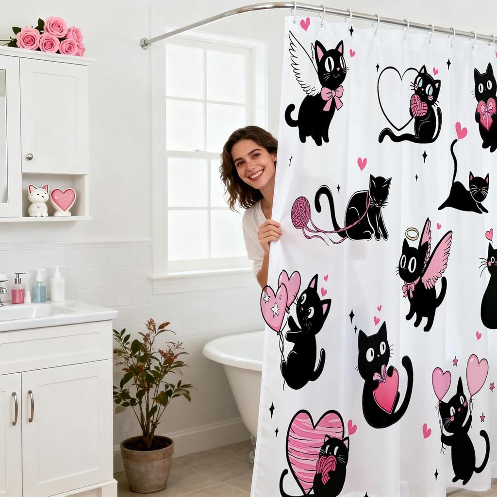 Valentine Cat Cute Hearts Shower Curtain, Romantic White Black Art Bathroom Decor with Hooks