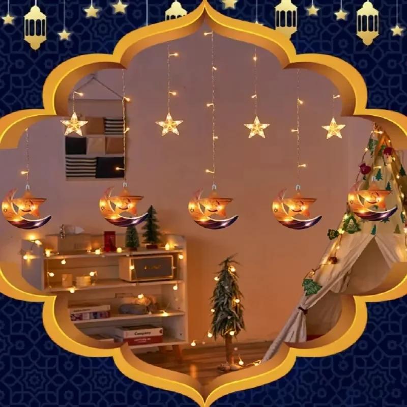 Ramadan String Lights LED Curtain with Moon Castle for Eid Mubarak Celebration Islamic Festive Window Decor Home Atmosphere