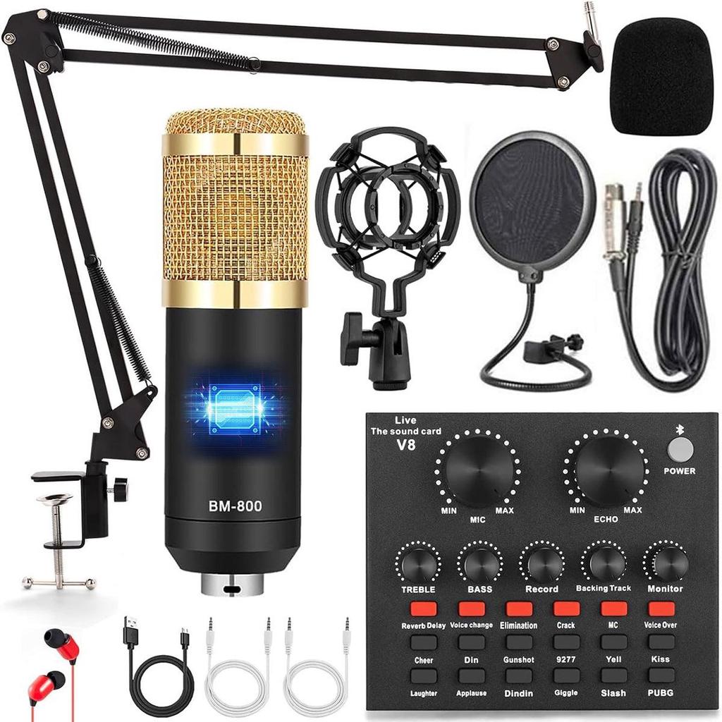 V8 Bluetooth Live Sound Card with BM-800 Microphone Compatibility for Mobile Phones