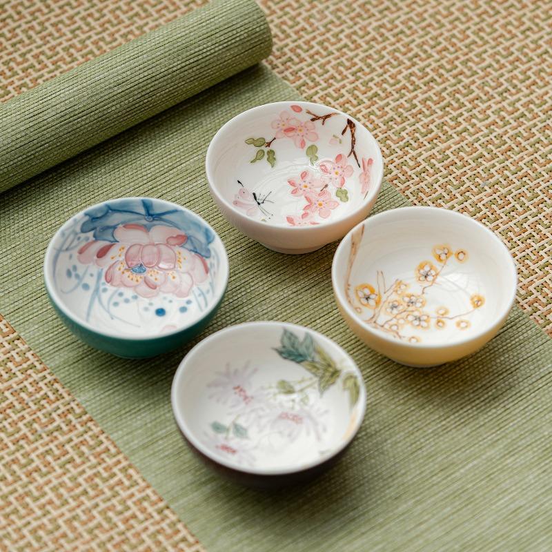 Hand Painted Famille Rose Porcelain Tea Cup Spring Summer Autumn Winter Set Chinese Gongfu Tea Ceremony Personal Cup