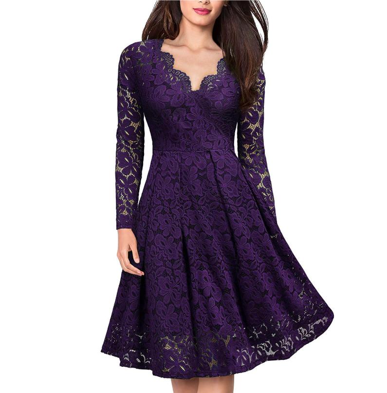 Women Lace A-Line Dress Spring Autumn V Neck Long Sleeve Lace Crochet Patchwork WineRed Slim Party Dresses