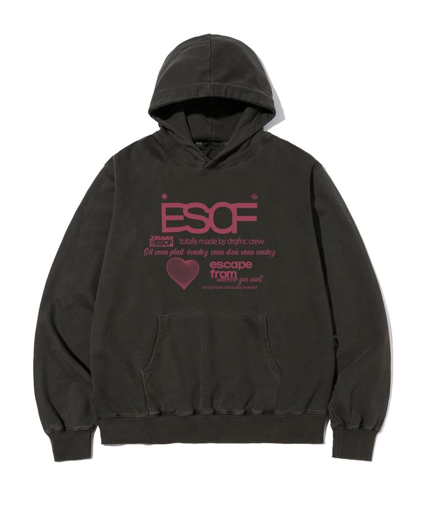 Escape From Pink Heart Crew Collection Print Pigment Hoodie Charcoal M