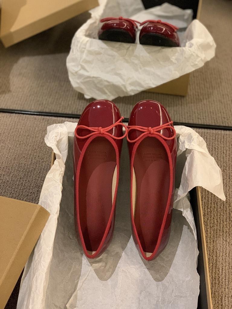 Round Head Patent Leather Single Shoes Summer Bow Flat Bottom Red Shoes Ladyshoes