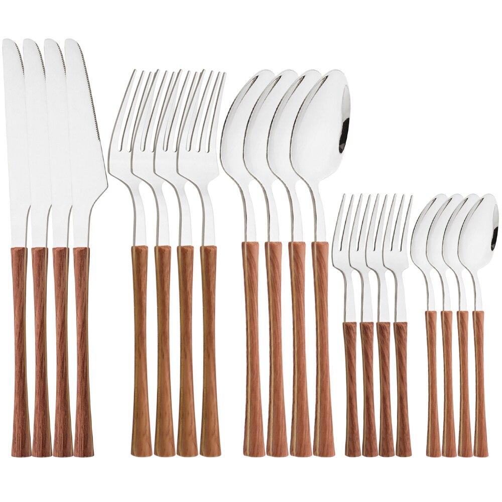 

Jankng 20 шт. набор столовых приборов с ручкой из искусственного дерева, нож, вилка, ложка, набор столовой посуды в западном стиле, кухонный набор посуды из нержавеющей стали коричневый/серебряный