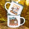 Hello Pumpkin Print Enamel Mugs Coffee Cups Fall Thanksgiving Party Juice Mug Handle Cup Autumn Holiday Gifts for Family Friends