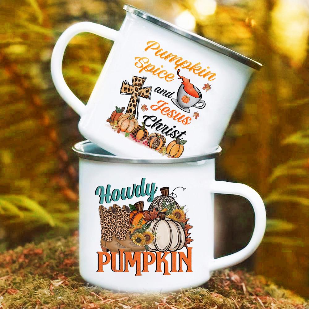 Hello Pumpkin Print Enamel Mugs Coffee Cups Fall Thanksgiving Party Juice Mug Handle Cup Autumn Holiday Gifts for Family Friends