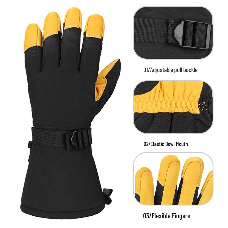 Insulated Cotton Cowhide Ski Gloves: Non-slip, Touchscreen, Long Winter Five-Finger Warmth