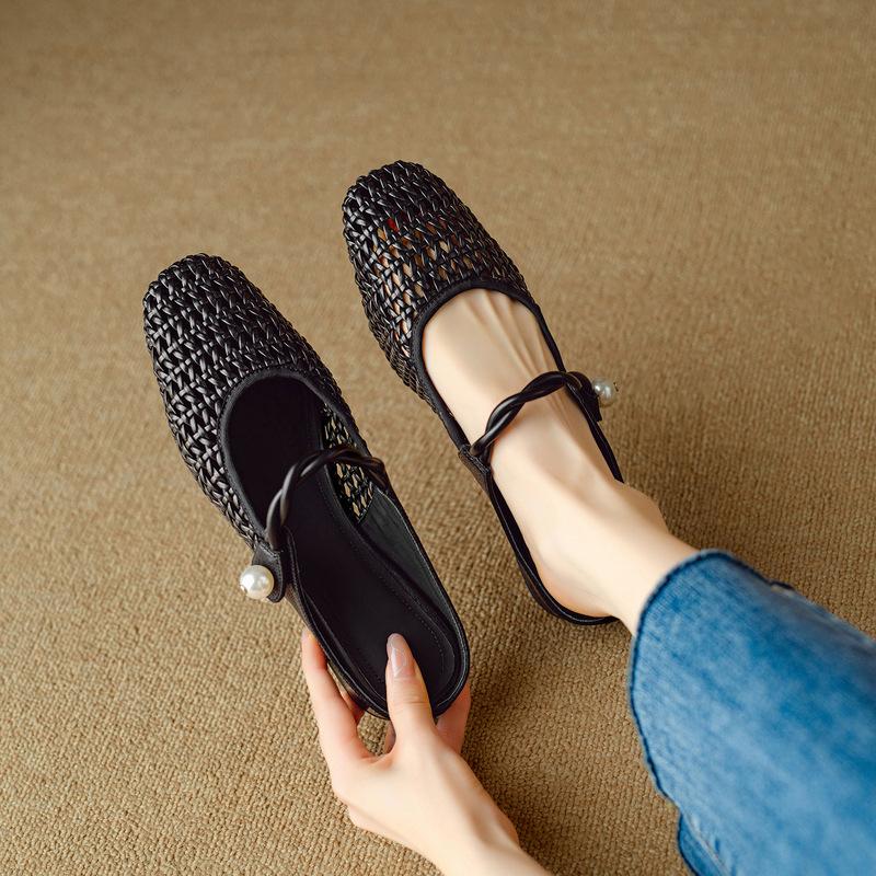 

French retro woven hollow half slippers women s summer wear flat leather word with Mary Jane bag head cool slippers 40