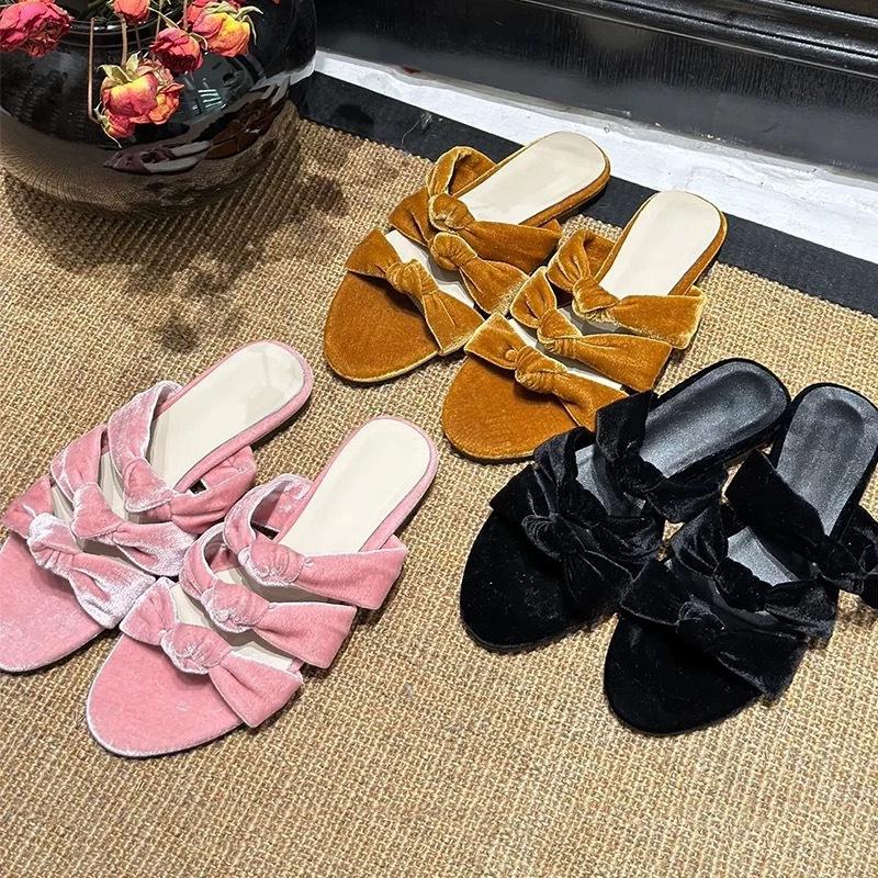 Sheepskin Version~ Korean Version of Velvet Flat Bottom One-word with Knotted Open-toed Sandals for Women To Wear 2025 Summer Cool Slippers