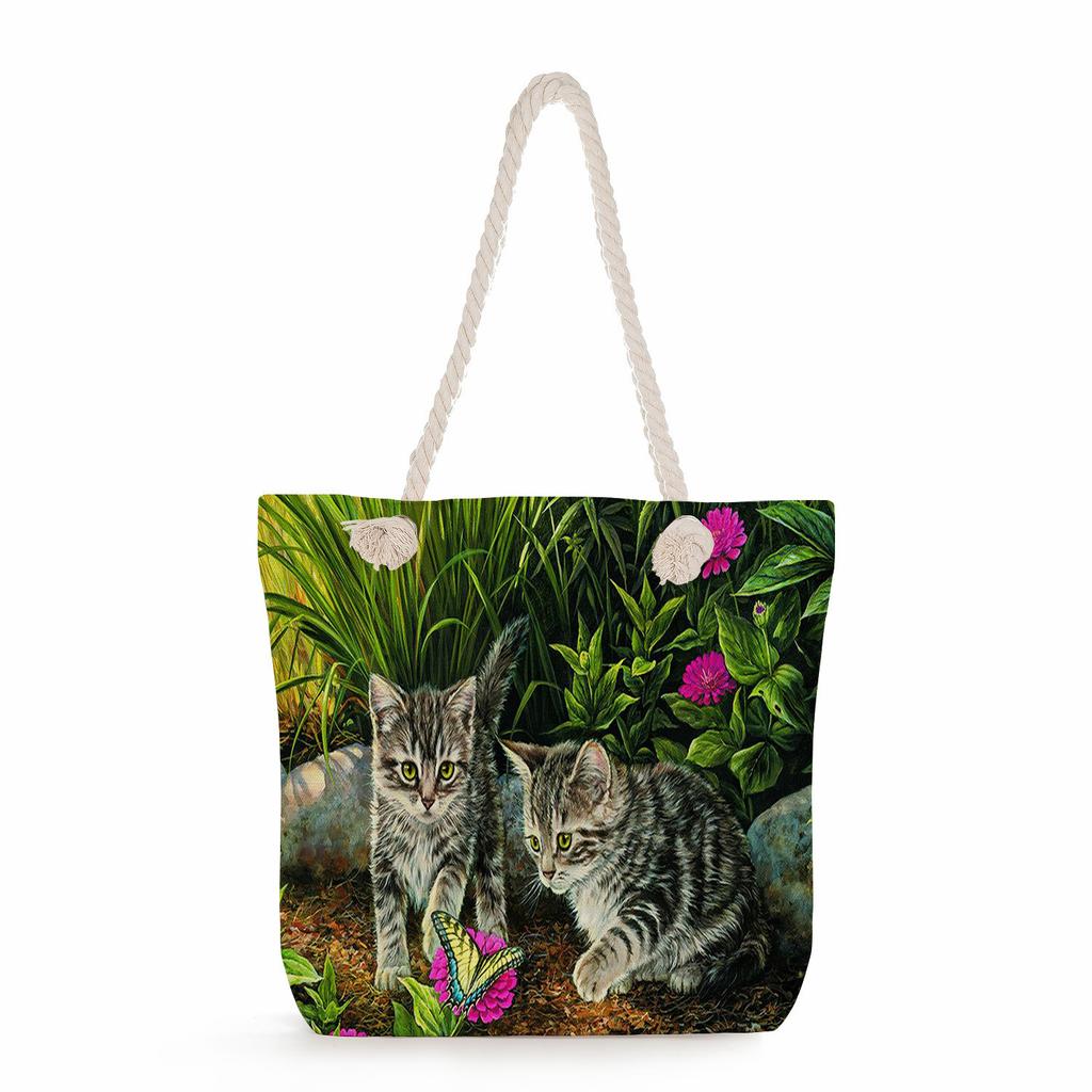 Cat print thick rope single-shoulder beach bag 7228