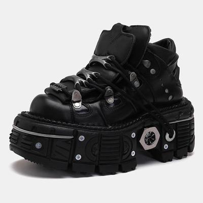 Punk Stijl Dames Man Plateau Schoenen Vetersluiting Ronde Neus Zwarte Sneakers Vrije Tijd Rock Straat Gothic Dikke Zool Motorfiets Schoenen