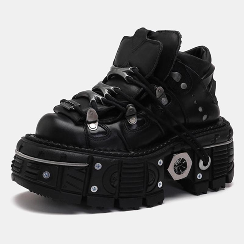 

Punk Style Women Man Platform Shoes Lace-Up Round Toe Black Sneakers Leisure Rock Street Gothic Thick Bottom Motorcycle Shoes 36