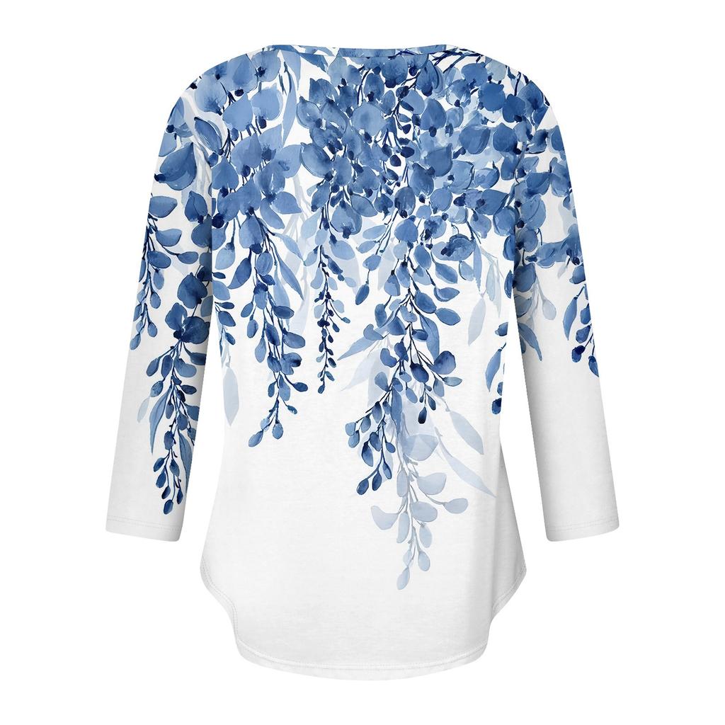 Womens 3/4 Sleeve Daily Weekend V Neck Casual Printed Tshirts Loose Fit Pleated Tees Ladies Blouse