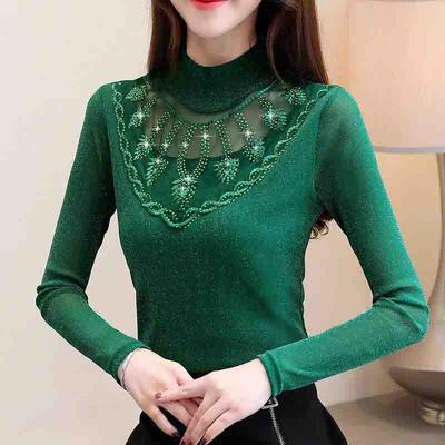 Frühling Sommer Spitzenhemd Damen Wild Slim Bottoming Shirt Große Größe Halbhoher Kragen Dünnes Diamant Top