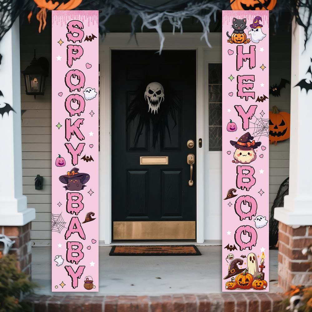 1 pair, Happy Halloween Porch Decor Horizontal, Polyester, Trick or Treat Halloween Night Party, Pink Cute Spooky Pumpkin Pattern Decorative Arrangeme