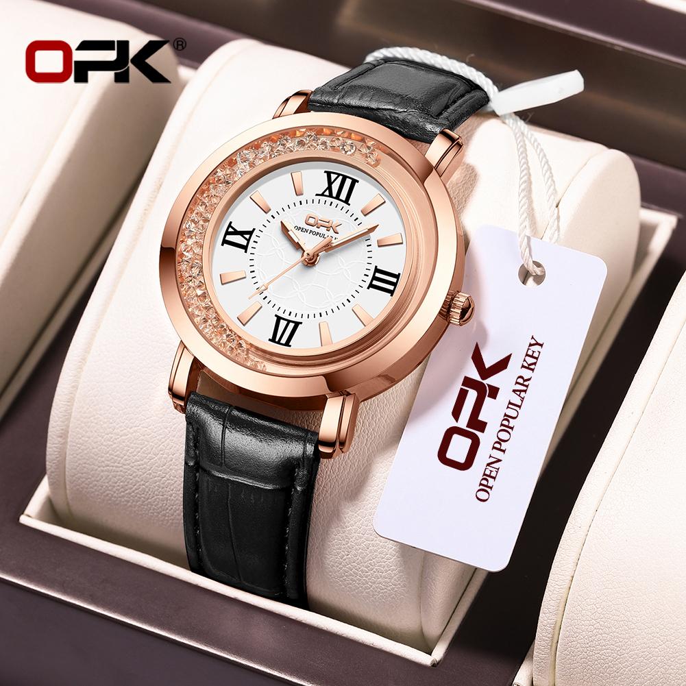 OPK 8611 Fashion Quartz Watch for Lady Diamond Bezel Leather Strap Waterproof Luminous Original Women's Dress Wristwatch